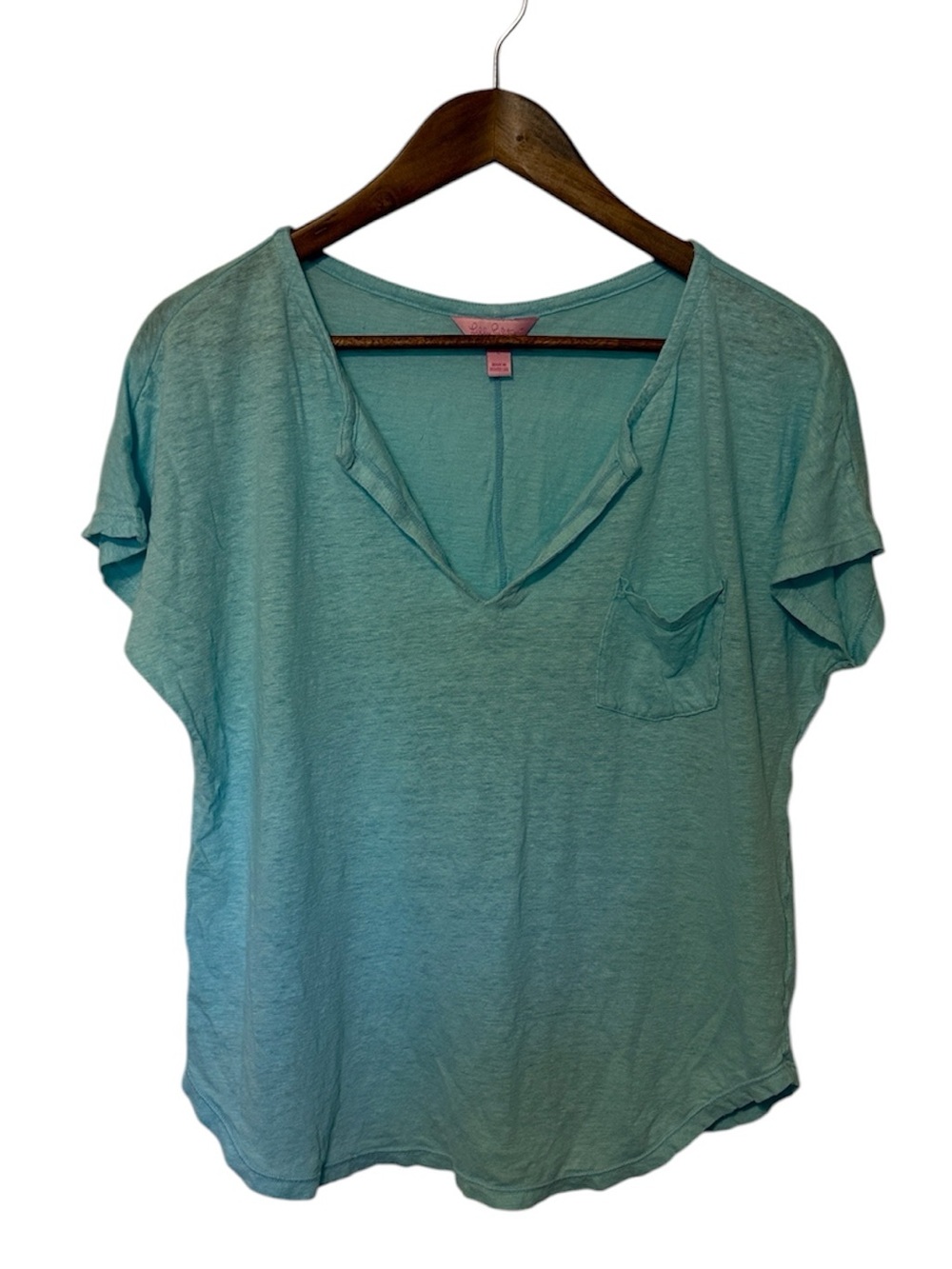 Lilly Pulitzer Short Sleeve V Neck Linen Tee L Blue Coastal Summer Lightweight